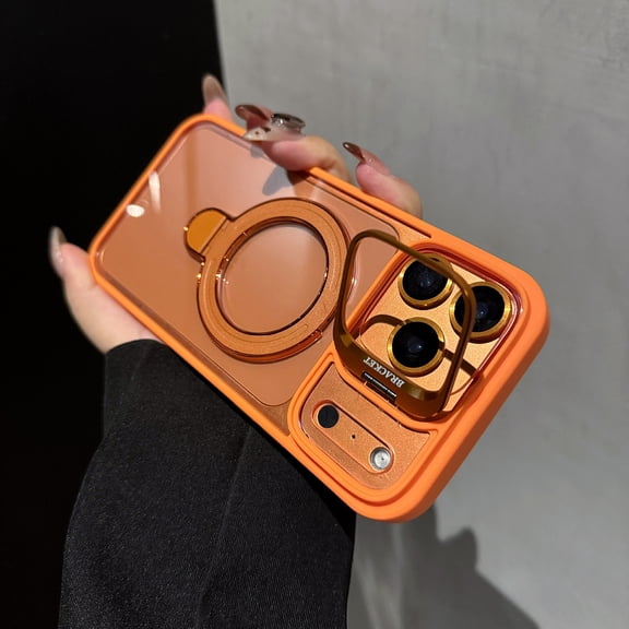 Shockproof Case For iPhone 17 Pro Compatible with MagSafe, Built-in Camera Protector & Foldable Kickstand, Translucent Frosted PC Back, Heavy Duty Military Grade Protective Cover, Orange
