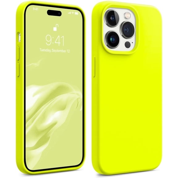Shockproof Designed for iPhone 14 Pro Case, Liquid Silicone Phone Case with [Soft Anti-Scratch Microfiber Lining] Drop Protection 6.1 inch Slim Thin Cover (Neon Yellow)