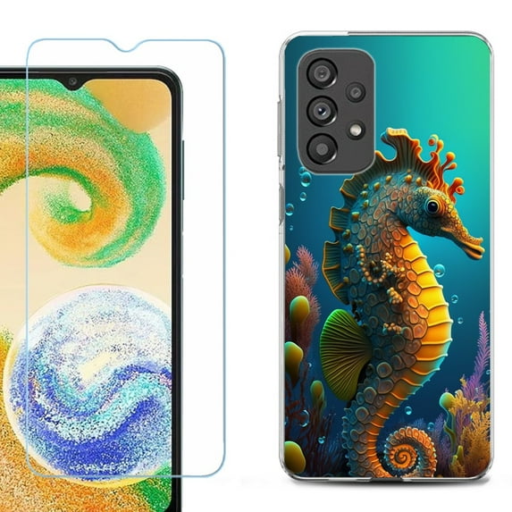 Shockproof Fashion Phone Case for Samsung Galaxy A23 5G, with Tempered Glass Screen Protector, by OneToughShield ® - Seahorse