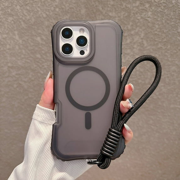 Shockproof Frosted Magnetic Case with Wrist Strap for iPhone 15 Plus, Support Wireless Charging, Non-Slip & Lightweight Anti-Yellowing Ultra Slim Phone Cover for iPhone 15 Plus, Black