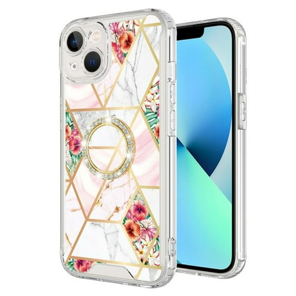 Shockproof Fusion Shield Tough Snap-on Case with Ring Grip for iPhone 14 Plus - Marble Pink