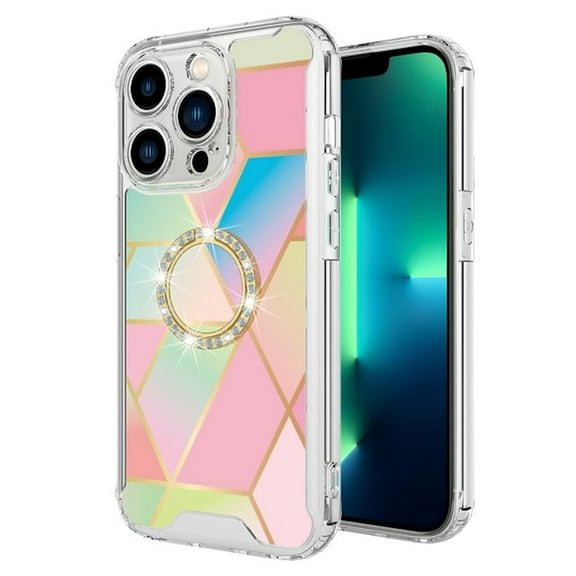 Shockproof Fusion Shield Tough Snap-on Case with Ring Grip for iPhone 14 Pro Max - Rainbow