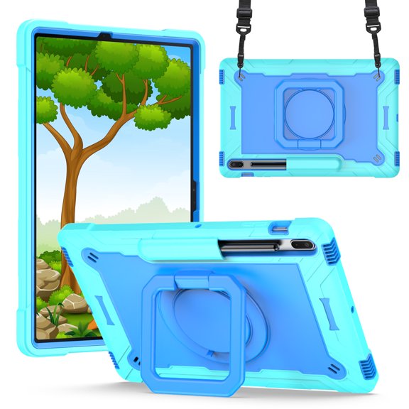 Shockproof Handle Case for (12.4 Inch) Samsung Galaxy Tab S7 FE (SM-T730/T736B) and Galaxy Tab S7 Plus (SM-T970), Drop Proof 360 Degree Rotating Stand Cover Case with Shoulder Strap (Aqua Blue)