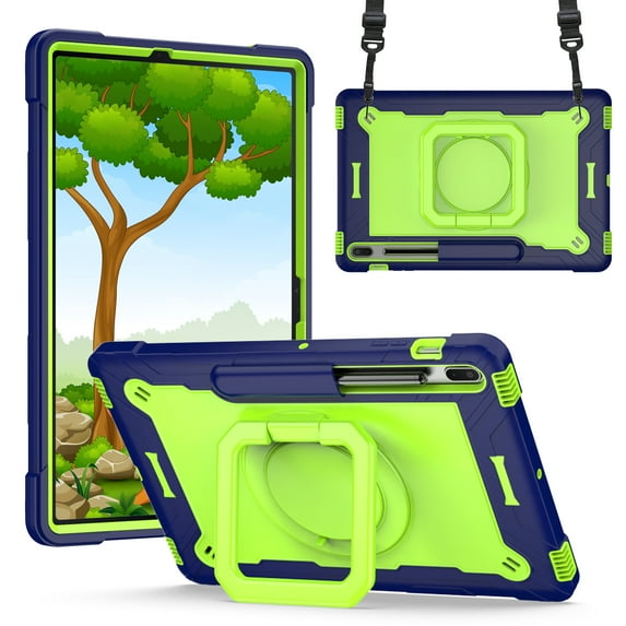 Shockproof Handle Case for (12.4 Inch) Samsung Galaxy Tab S7 FE (SM-T730/T736B) & Galaxy Tab S7 Plus (SM-T970), Drop Proof 360 Degree Rotating Stand Cover Case with Shoulder Strap (Navyblue Olivine)