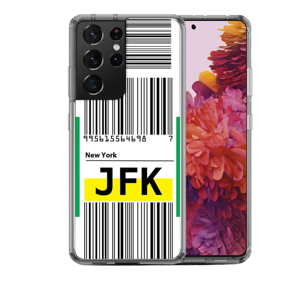 Shockproof Hybrid Bumper Phone Case for Samsung Galaxy S21 Ultra, by OneToughShield - Airport Tag / New York