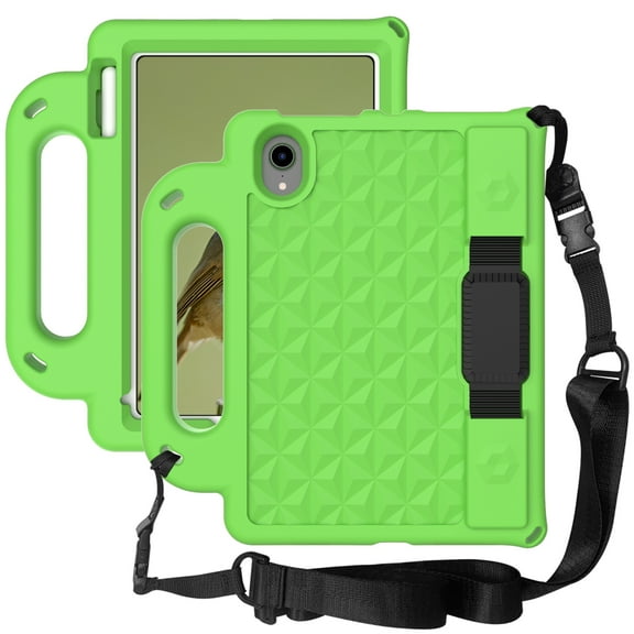 Shockproof Kids Case for iPad Mini 6 2021, Crossbody Strap Hybrid Rugged Kickstand Full Body Protective Cover, Green