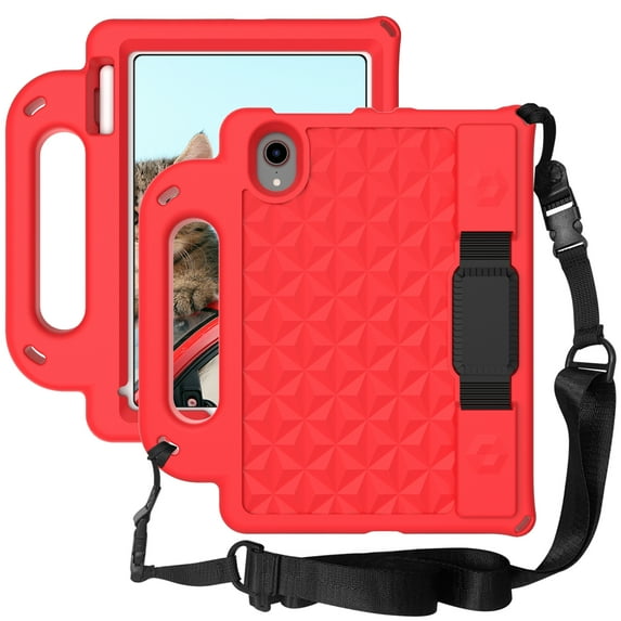 Shockproof Kids Case for iPad Mini 6 2021, Crossbody Strap Hybrid Rugged Kickstand Full Body Protective Cover, Red