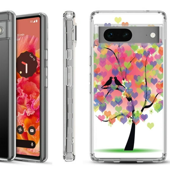 Shockproof Phone Case for Google Pixel 8a 5G, Hybrid Case Cover, by OneToughShield - Color Hearts Tree