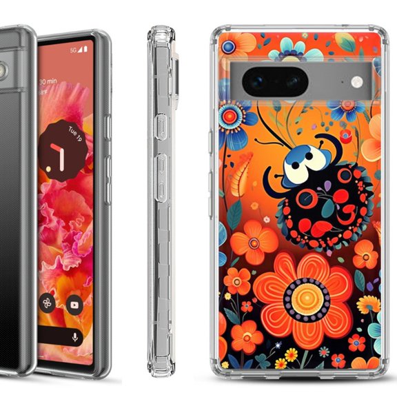 Shockproof Phone Case for Google Pixel 8a 5G, Hybrid Case Cover, by OneToughShield - Ladybug Flower