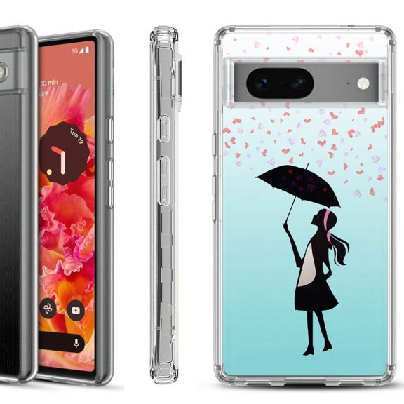 Shockproof Phone Case for Google Pixel 8a 5G, Hybrid Case Cover, by OneToughShield - Rain/Hearts