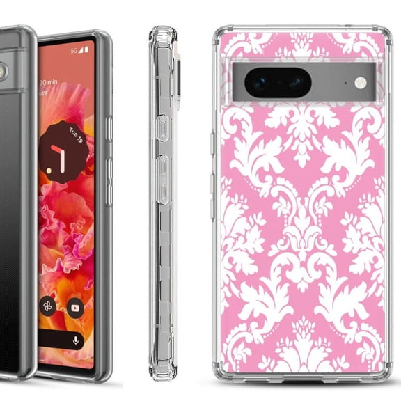 Shockproof Phone Case for Google Pixel 8a 5G, Hybrid Case Cover, by OneToughShield - Victorian White/Pink