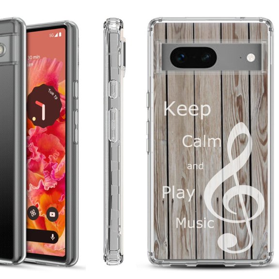Shockproof Phone Case for Google Pixel 8a 5G, Hybrid Case Cover, by OneToughShield - Wood/Music