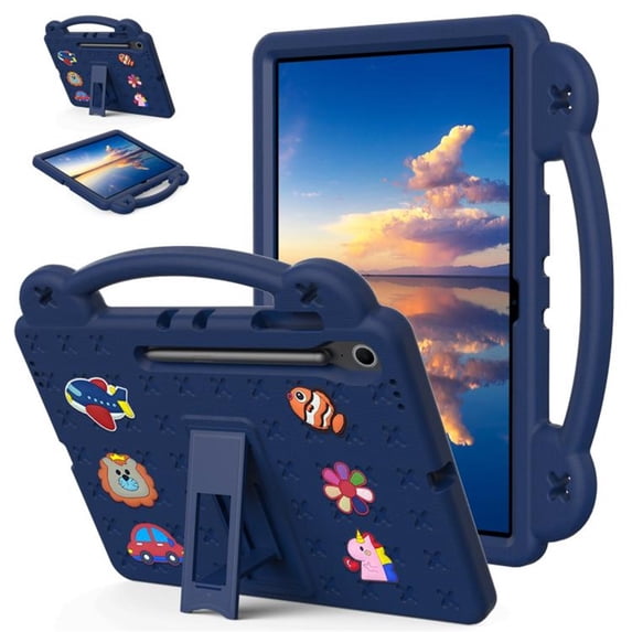 Shockproof Protective Case For Samsung Galaxy Tab S10 FE+ 13.1-inch 2025 Cute Cartoon Pattern Handheld Stand EVA+PC Children's Anti Fall Cover Tablet Case Adjustable Shoulder Strap,Dark blue