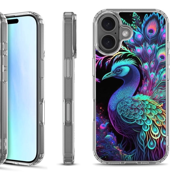 For iPhone 17 Shockproof Protective Phone Case, by OneToughShield - Neon Peacock
