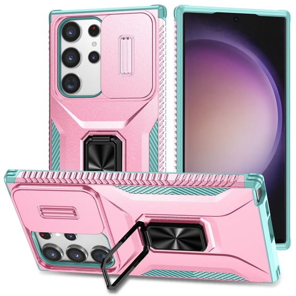 Shockproof Rugged Phone Case compatible with Samsung Galaxy S26 Ultra, Built-in Rotating Kickstand, Slide Camera Lens Cover, Magnetic Car Mount Compatible, Slim Protective Cover