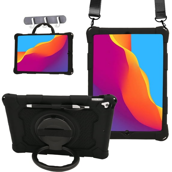 Shockproof Soft TPU Rugged Case for iPad 6th/5th Gen/Pro 9.7"(2018/2017/2016), With Rotating Handle Kickstand/Pencil Holder/Carrying Shoulder Strap/Stretchy Hand Strap,Black