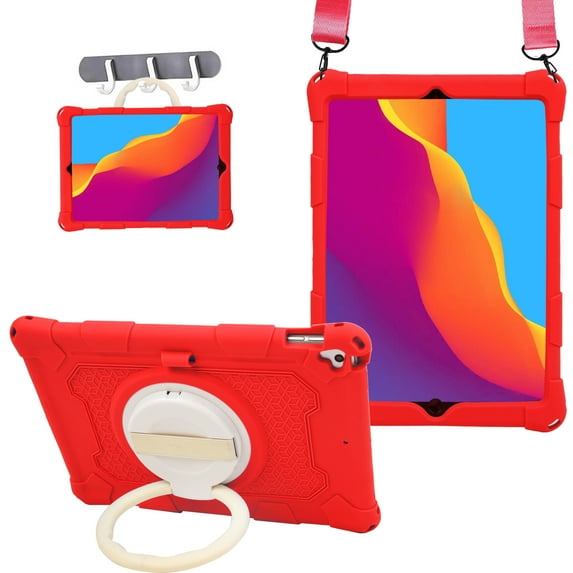 Shockproof Soft TPU Rugged Case for iPad 6th/5th Gen/Pro 9.7"(2018/2017/2016), With Rotating Handle Kickstand/Pencil Holder/Carrying Shoulder Strap/Stretchy Hand Strap,Red