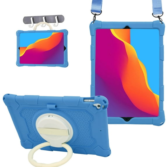 Shockproof Soft TPU Rugged Case for iPad 6th/5th Gen/Pro 9.7"(2018/2017/2016), With Rotating Handle Kickstand/Pencil Holder/Carrying Shoulder Strap/Stretchy Hand Strap,Darkblue