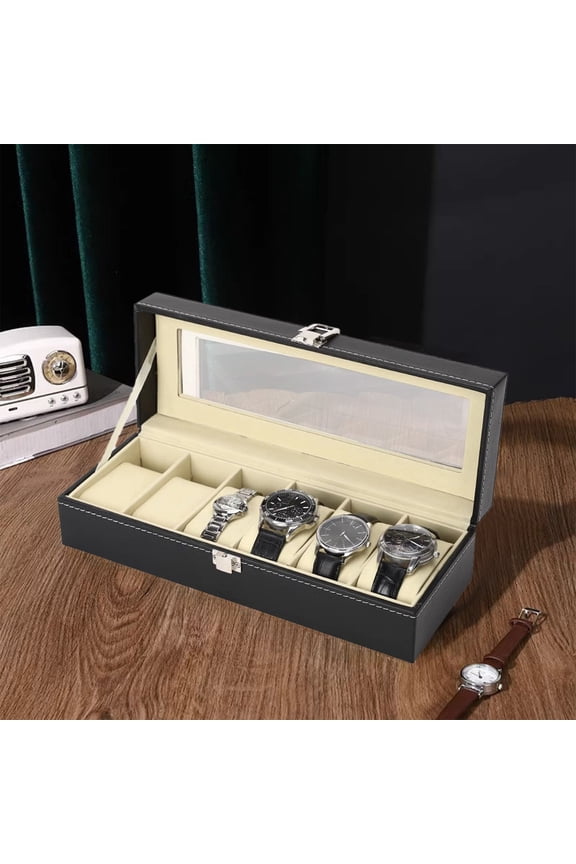 Shockproof Watch Storage Case with Handle | Cushioned Travel Organizer for Mechanical Smart Watches | Hard Shell Protective Box Fits 1-6 Watches | Black PU Leather