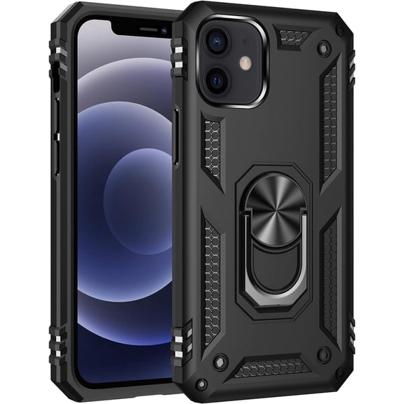 Shockproof for iPhone 12 Mini Case [Military Grade Drop Protection] with Magnetic Ring Kickstand for Phone Cover. (Black, iPhone 12 Mini)