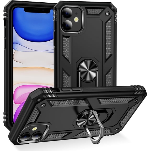 Shockproof for iPhone Case [Military Grade Drop Protection] with Magnetic Ring Kickstand for Phone Cover. (Black, iPhone 11)