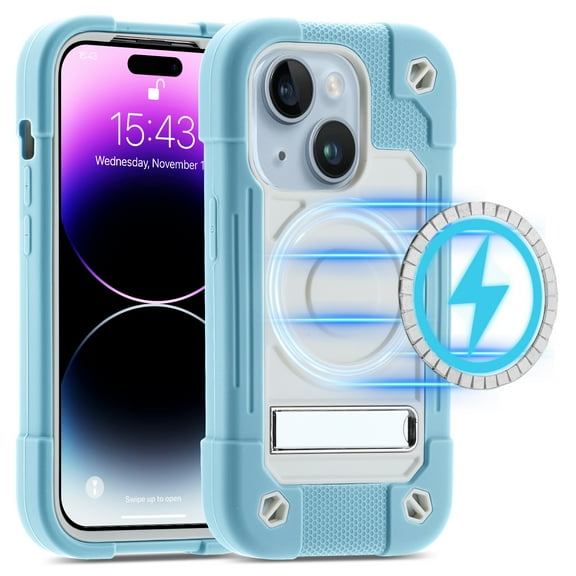 Shockproof for iPhone 14 Plus Case Compatible with MagSafe Wireless Charging Heavy Duty TPU Bumper Clear Back Cover with Kickstand Military Grade For iPhone 14 Plus, Blue