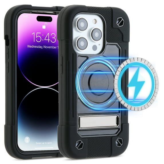 Shockproof for iPhone 14 Pro Max Case Compatible with MagSafe Wireless Charging Heavy Duty TPU Bumper Clear Back Cover with Kickstand Military Grade For iPhone 14 Pro Max, Black