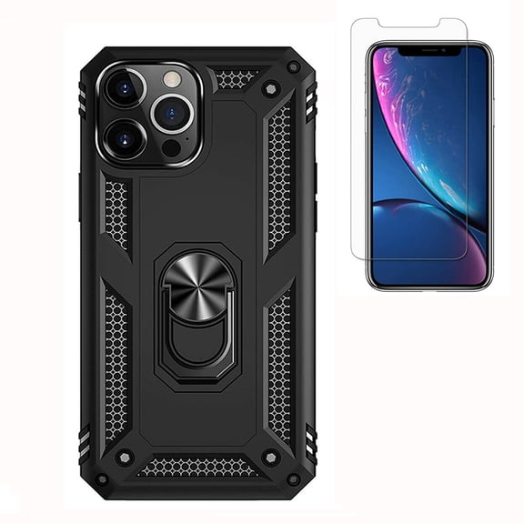 Shockproof iPhone 15 Cover Built-in 360° Rotate Ring Stand Phone Cover Case with Tempered Glass Screen for iPhone 15 6.1", Black