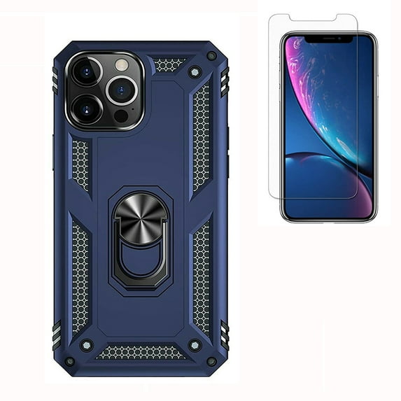 Shockproof iPhone 15 Cover Built-in 360° Rotate Ring Stand Phone Cover Case with Tempered Glass Screen for iPhone 15 6.1", Blue