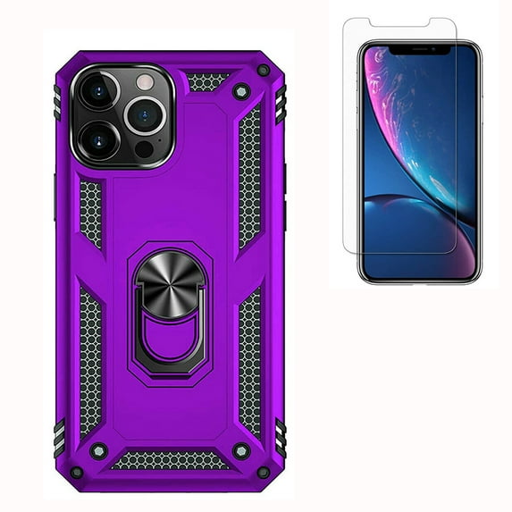 Shockproof iPhone 15 Plus Cover Built-in 360° Rotate Ring Stand Phone Cover Case with Tempered Glass Screen for iPhone 15 Plus 6.7", Purple