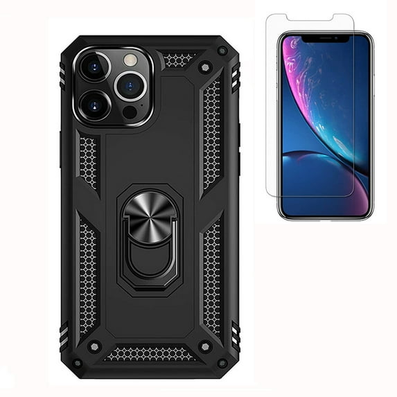 Shockproof iPhone 15 Pro Max Cover Built-in 360° Rotate Ring Stand Phone Cover Case with Tempered Glass Screen for iPhone 15 Pro Max 6.7", Black