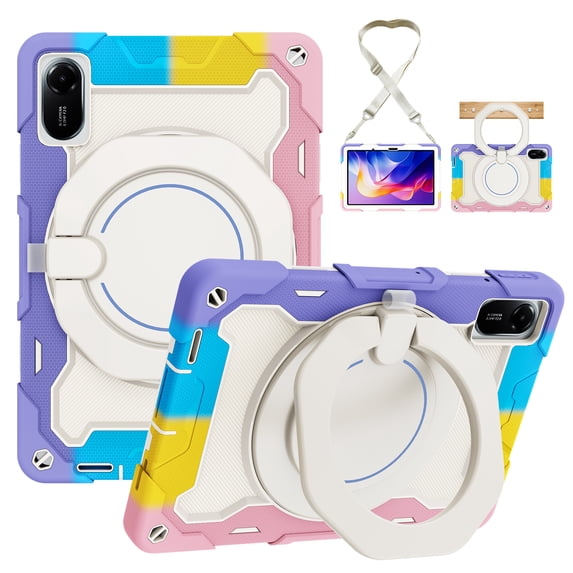 Shockproof tablet case suitable for Redmi Pad 2 2025, anti-slip and scratch-resistant, with rotating ring stand, pen holder and adjustable shoulder strap -- Dark Blue/Colorful Pink