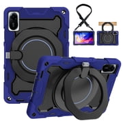 Shockproof tablet case suitable for Redmi Pad 2 2025, anti-slip and scratch-resistant, with rotating ring stand, pen holder and adjustable shoulder strap -- Dark Blue/Colorful Pink