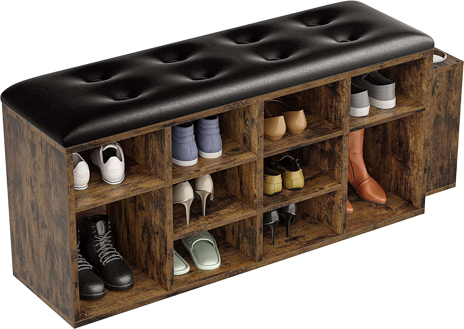 Vintage Brown and Black Engineered Wood Shoe Storage Bench with PU Leather Cushion