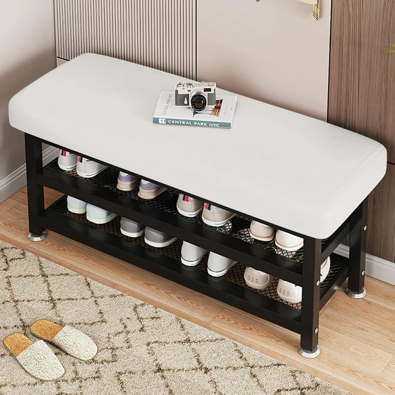 Shoe Bench, 2-Tier Shoe Rack, Shoe Organizer Storage Bench, 39.4 Inches Entry Bench with Mesh Shelves, Shoe Shelf with Seat for Entryway, Hallway, Living Room, Easy Assembly, White