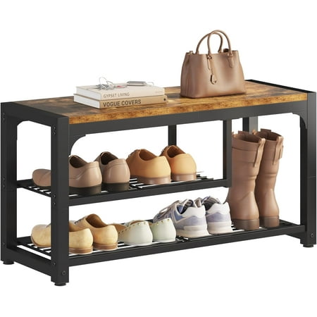 Shoe Bench,31.5" Shoe Storage Bench for Entryway,3 Tiers Shoe Rack Bench for Front Door Entrance, Retro Industrial Entry Bench with Mesh Shelves and Boot Storage, Rustic Brown