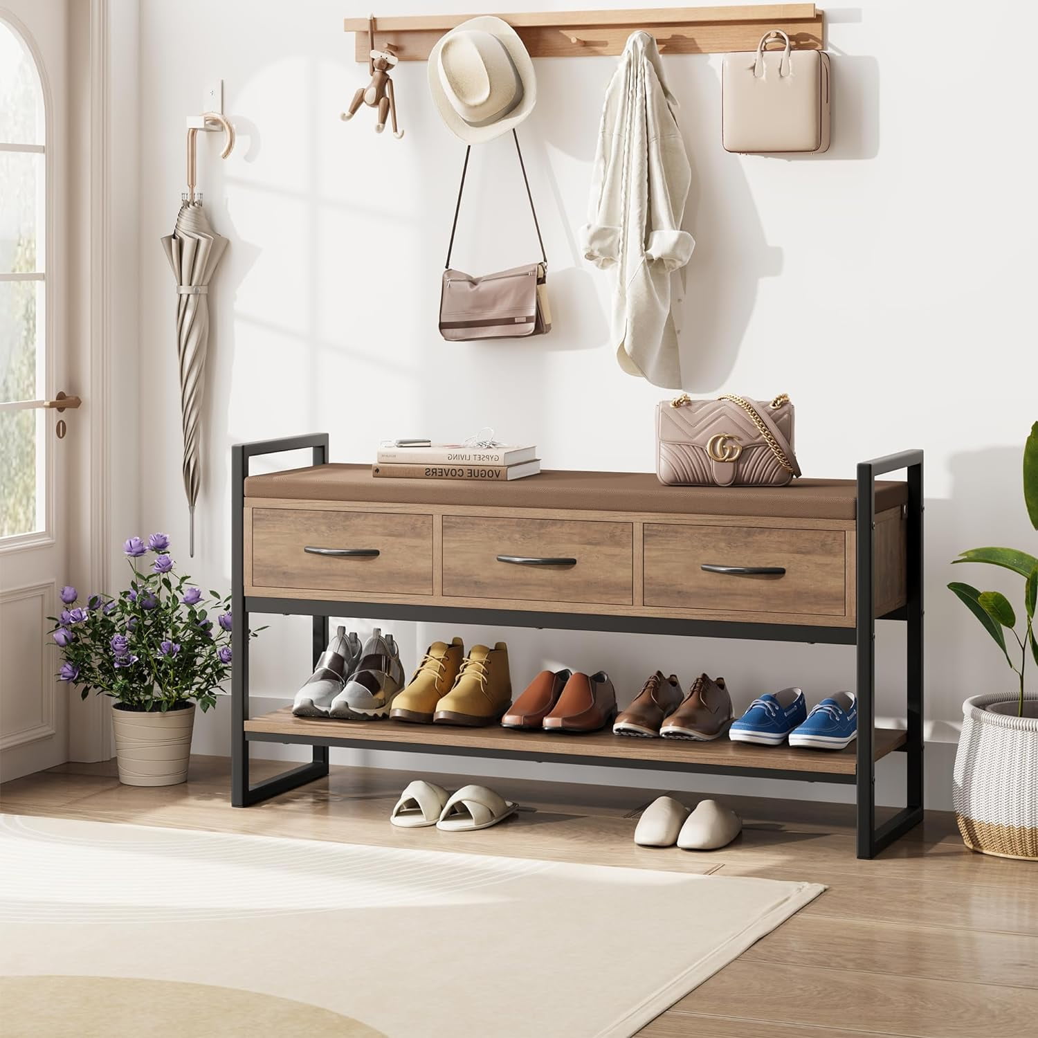 Shoe Bench, 39.4” Shoe Storage Bench with Cushion, Industrial Shoe Rack ...