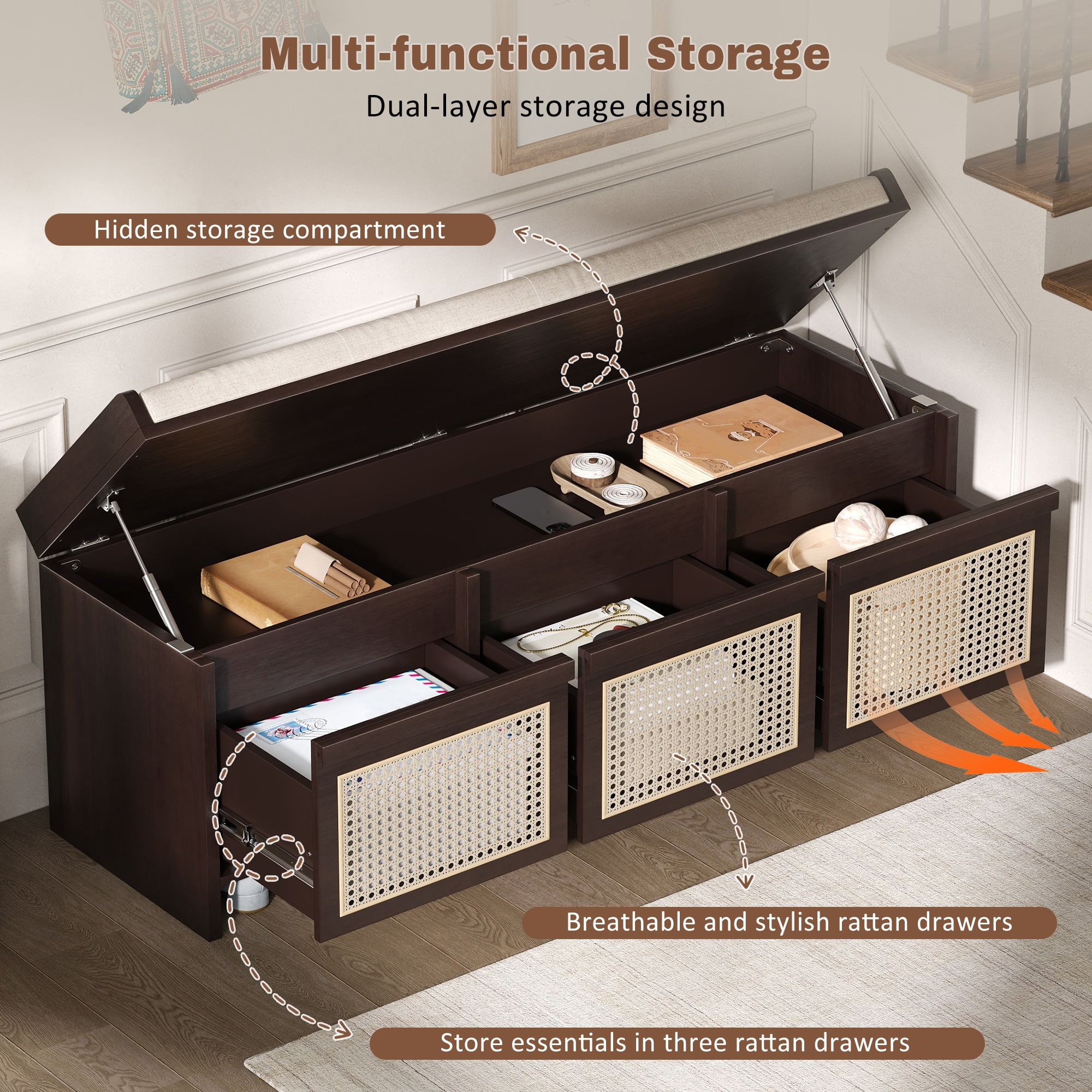 Shoe Bench 48 Inch Entryway Storage Bench with Rattan Drawers and Tufted Cushion, Hallway Seating and Shoe Rack Organizer for Living Room Foyer, Espresso