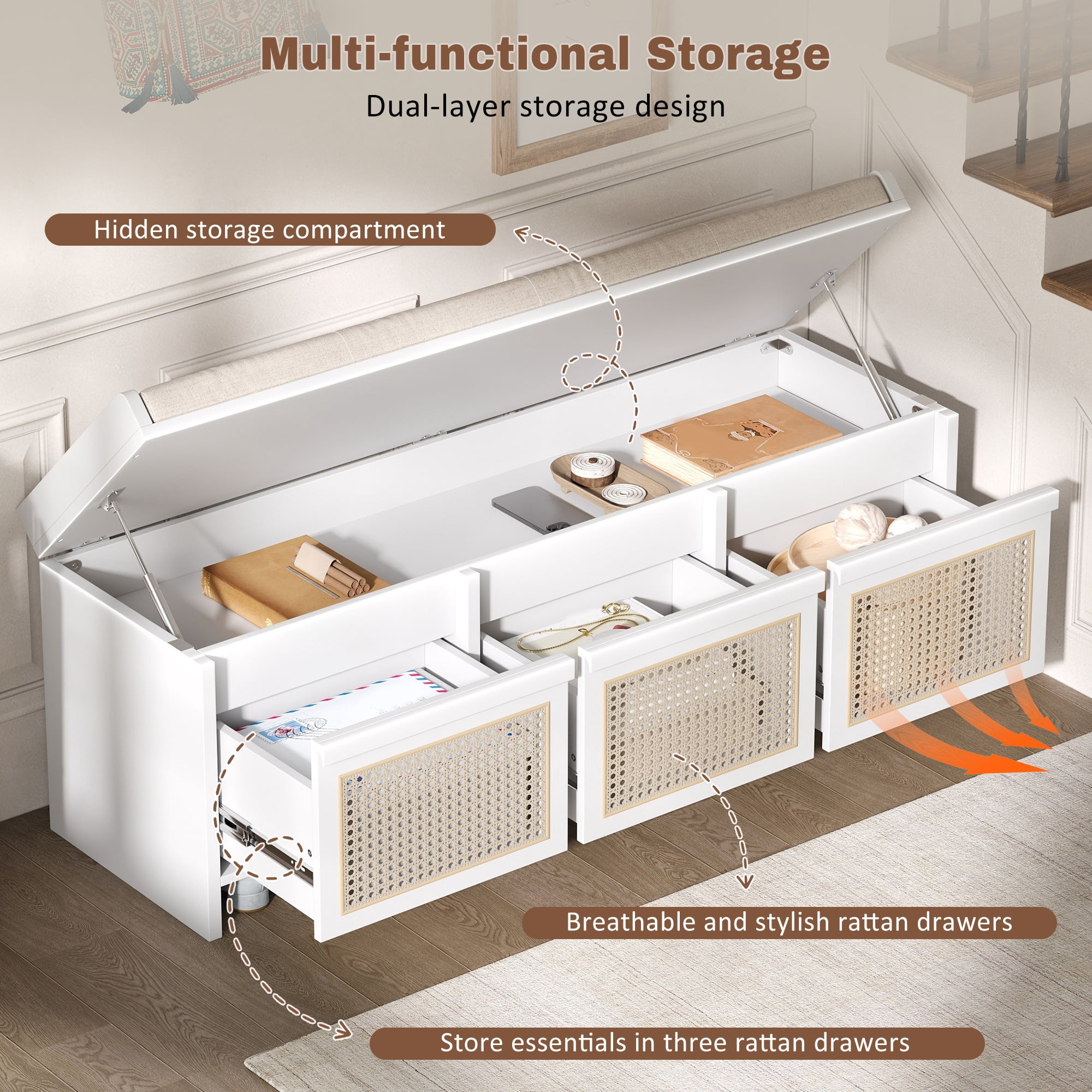 Shoe Bench 48 Inch Entryway Storage Bench with Rattan Drawers and Tufted Cushion, Hallway Seating and Shoe Rack Organizer for Living Room Foyer, White