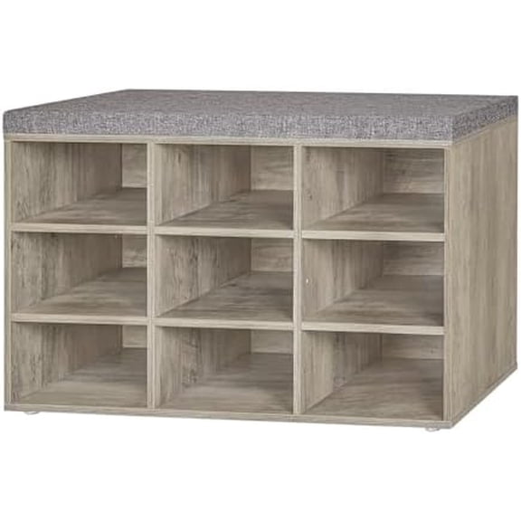 Shoe Bench, 9 Cubbies Shoe Organizer for Entryway, Storage Bench with Cushion, Cubby Shoe Rack with Adjustable Shelves for Living Room, Bedroom, Mudroom, Hallway, Gray Wash