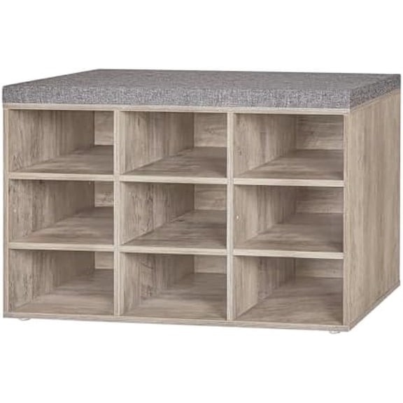 Shoe Bench, 9 Cubbies Shoe Organizer for Entryway, Storage Bench with Cushion, Cubby Shoe Rack with Adjustable Shelves for Living Room, Bedroom, Mudroom, Hallway, Greige