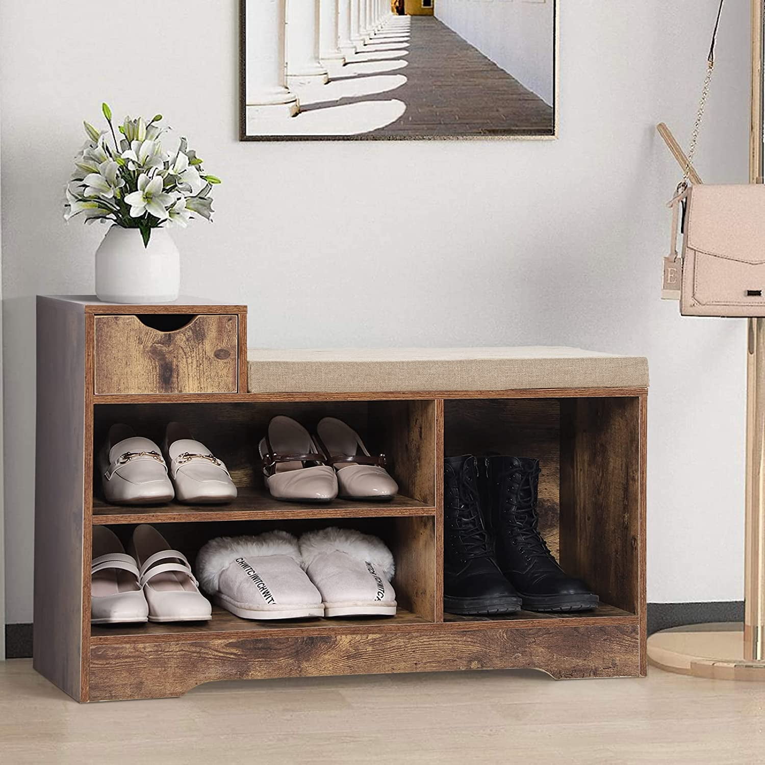 Shoe Bench with Cushion and 3 Compartments, Entryway Storage Bench ...