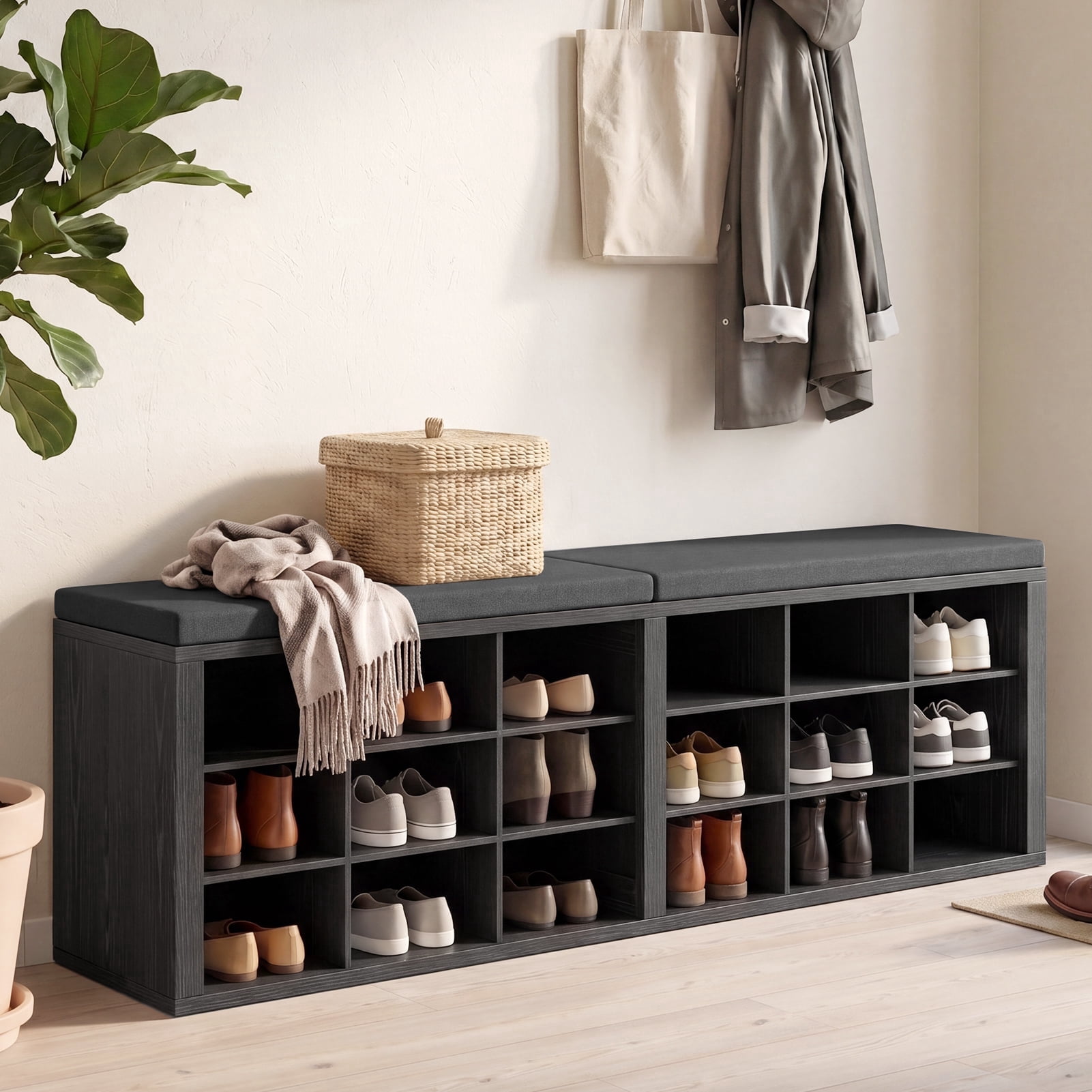 Shoe Bench with Cushion, Entryway Storage Bench with 18 Cubbies, 9.5 ...