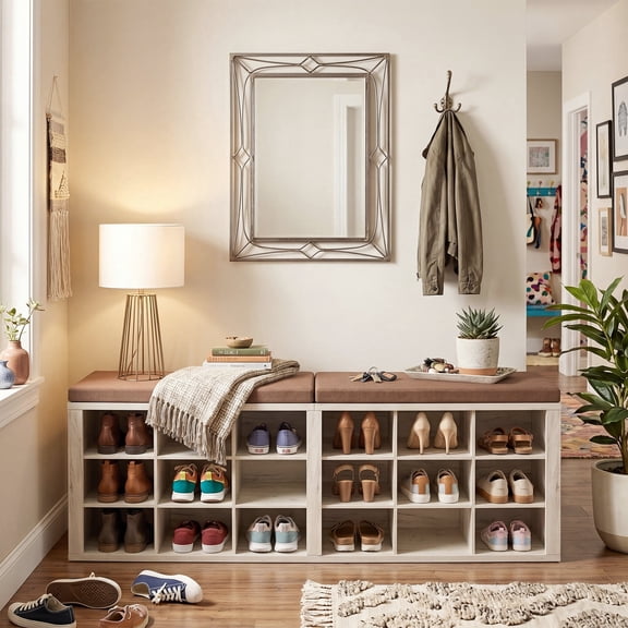 Shoe Bench with Cushion, Entryway Storage Bench with 18 Cubbies, 9.5" Widened Shoes Rack Benchs, Shoe Cubby Rack for Living Room, Bedroom, Entryway, White+Brown