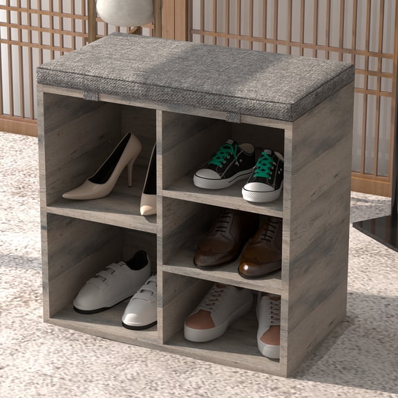 Shoe Bench with Cushion, Entryway Storage Bench, Cubby Shoe Rack with 5/10 Cubbies, Adjustable Shelves, Multifunctional Shoe Organizer Bench for Entryway, Mudroom, Hallway, Closet and Garage