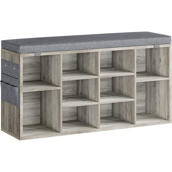 Shoe Bench with Cushion, Ten Cubbies Storage Bench with Adjustable Shelves, Cubby Seat Shoe Cabinet for Entryway Living Room Hallway Bedroom Dorm and Small Apartment, Gray, 41 Inches