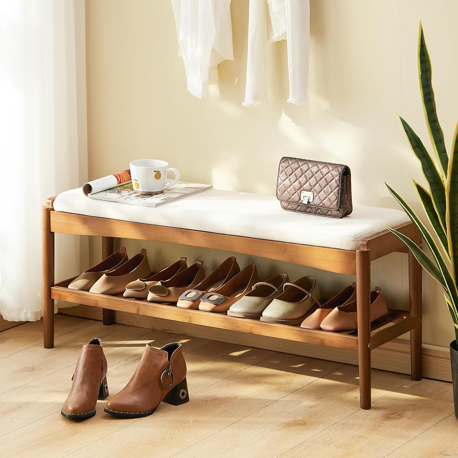 Shoe Bench Entryway Bamboo 2-Tier Shoe Rack with Cushion Padded Seat Shoe Bench Organizer Stable for Entry, Hallway, Living Room, Bedroom, Closet (31.5 * 11.4 * 16.5IN, Brown-Beige)
