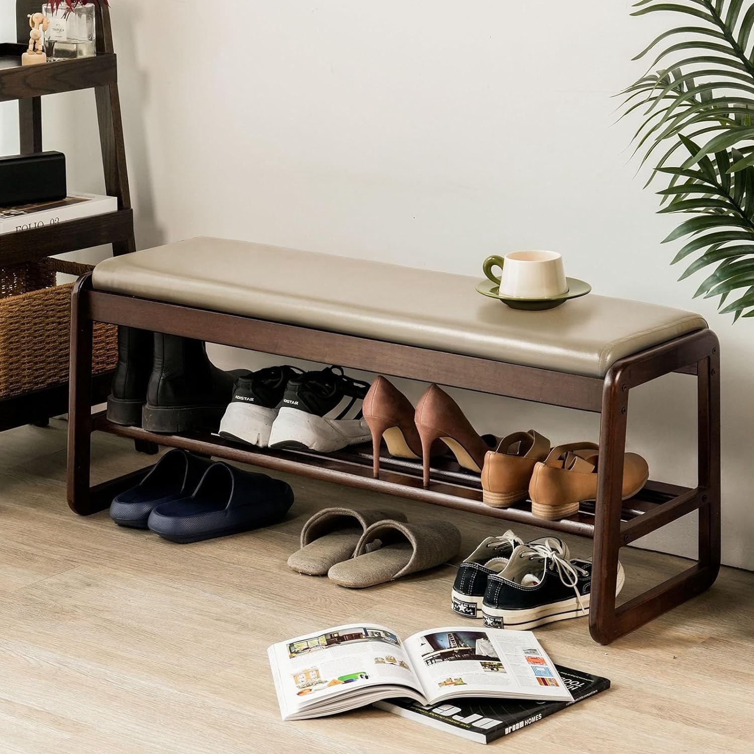 Shoe Bench, Entryway Bench with Leather Cushion, Solid Wood Shoe Rack ...
