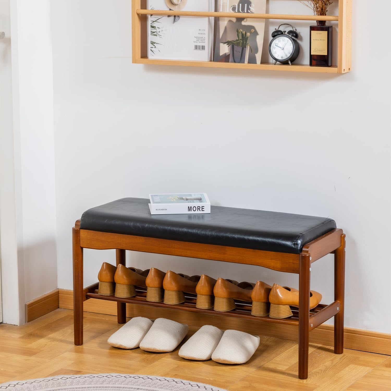 Shoe Bench, Entryway Bench, Wood 2-Tier Shoe Rack with Cushion Padded ...