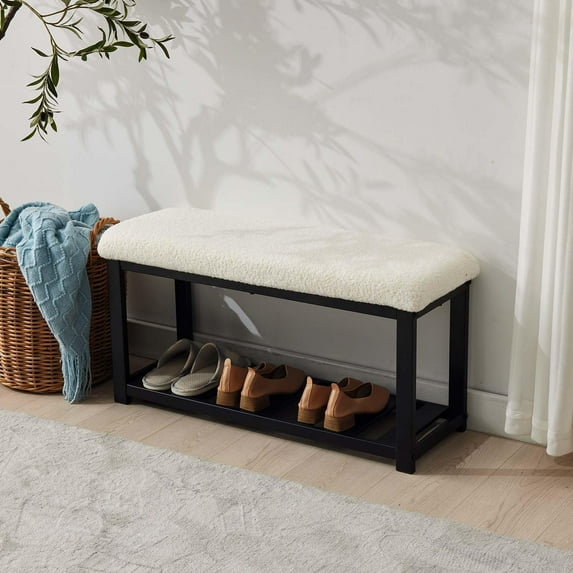 Shoe Bench Entryway with Cushion Padded Seat, 2-Tier Bench Organizer Stable with Metal Slats for Entry, Upholstered Entryway Bench with Soft Cozy Cushion, White